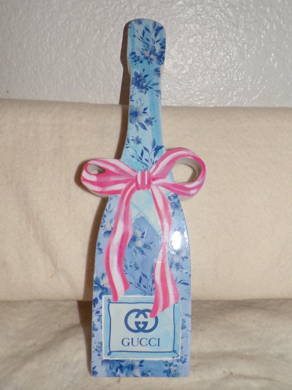 Gucci Champagne Bottle Wine Luxury Wood Home Decor Shelf Blue NEW